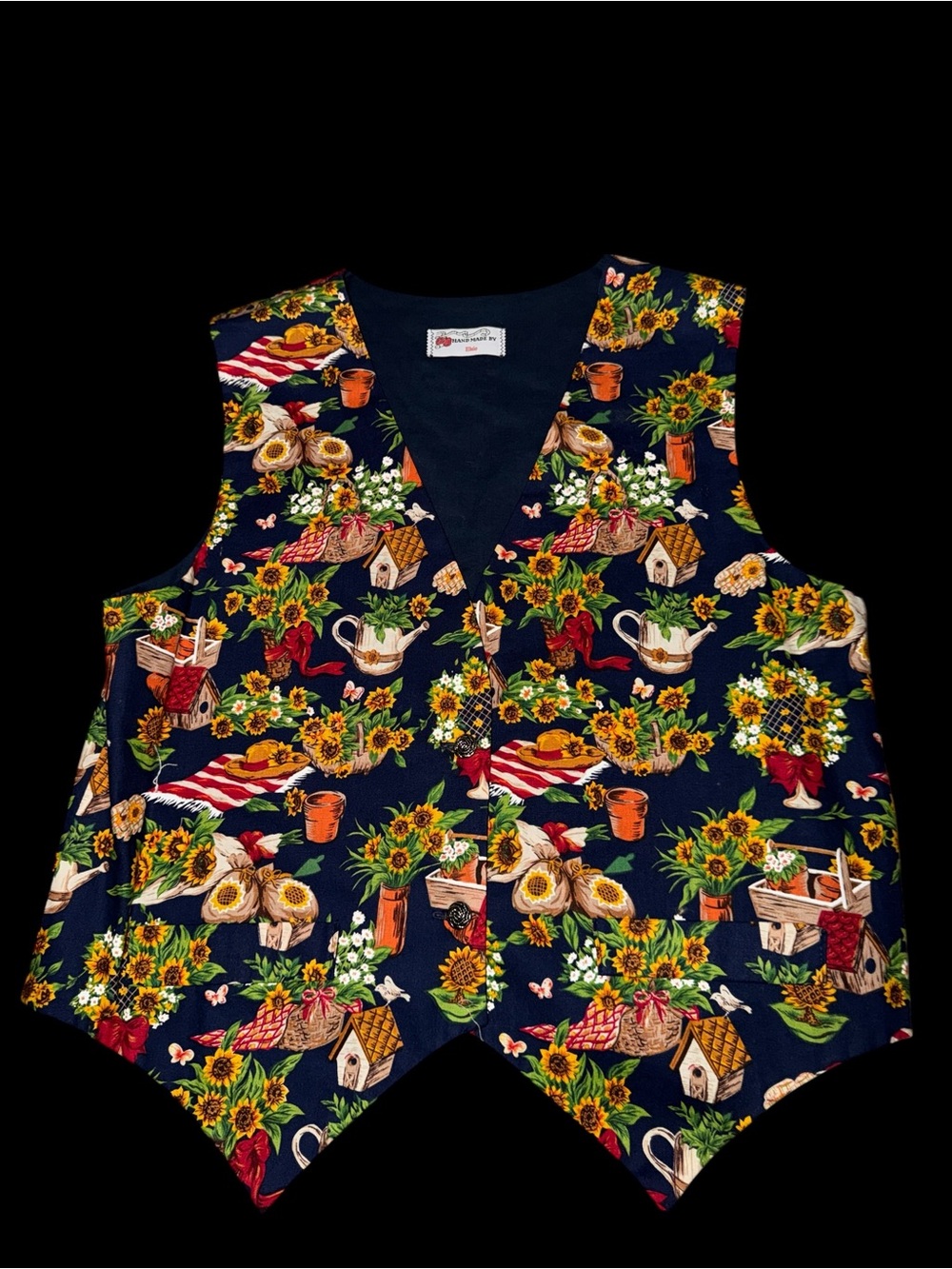 Floral Sunflower Garden Print Vest - Navy Background Handmade Grannycore